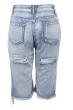 Blue Denim Zipper Fly Button Fly High washing Hole Zippered Pocket Straight Capris Shorts