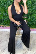 Black Sexy Solid Split Joint Halter Loose Jumpsuits