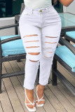 Medium Blue Fashion Casual Solid Ripped Plus Size Jeans