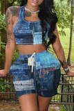 Deep Blue Casual Print Patchwork U Neck Sleeveless Two Pieces