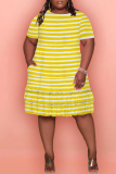 Yellow Fashion Plus Size Striped Print Flounce Fold O Neck Short Sleeve Dress