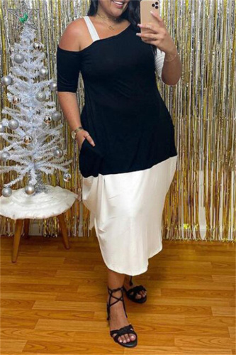 White Fashion Casual Plus Size Patchwork Asymmetrical Oblique Collar Short Sleeve Dress