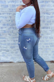 Light Blue Fashion Casual Butterfly Print Ripped Plus Size Jeans