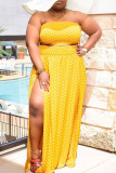 Yellow Sexy Vacation Print Polka Dot Patchwork Strapless Beach Plus Size Two Pieces