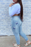 Medium Blue Fashion Casual Butterfly Print Ripped Plus Size Jeans