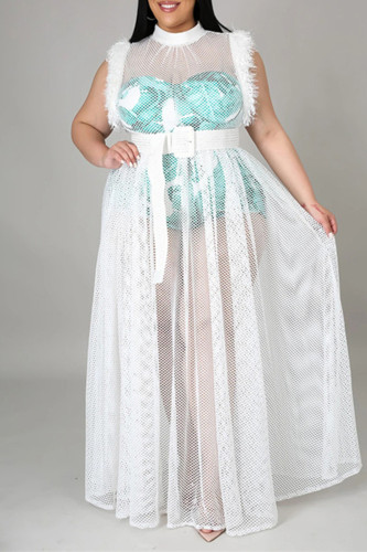 White Sexy Plus Size Patchwork See-through Without Belt Turtleneck Sleeveless Dress