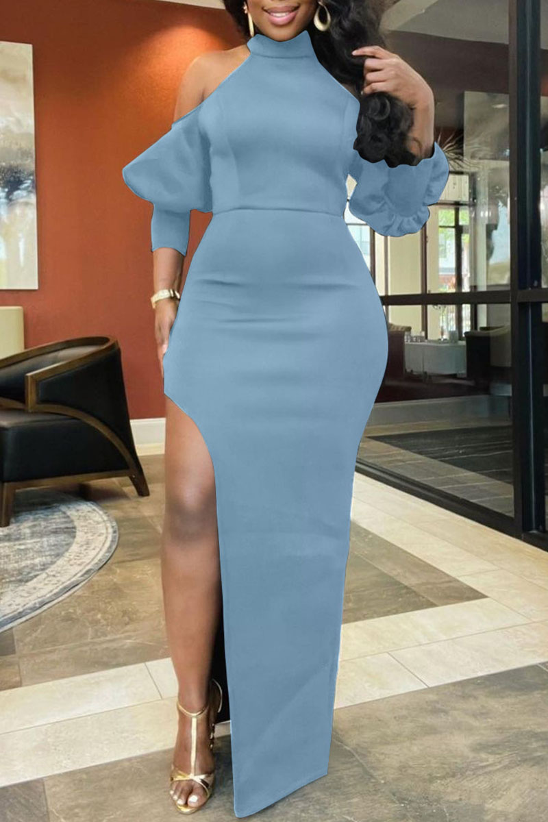 

Light Blue Sexy Solid Split Joint High Opening Half A Turtleneck Straight Dresses