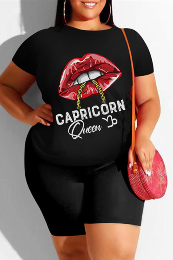Black Fashion Casual Lips Printed Basic O Neck Plus Size Two Pieces