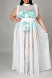 White Sexy Plus Size Patchwork See-through Without Belt Turtleneck Sleeveless Dress