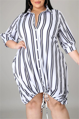 Black Fashion Casual Plus Size Striped Print Basic Turndown Collar Shirt Dress