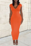 Orange Sexy Casual Solid Backless Slit V Neck Short Sleeve Dress
