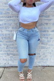 Light Blue Fashion Casual Butterfly Print Ripped Plus Size Jeans