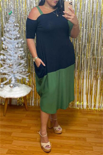 Green Fashion Casual Plus Size Patchwork Asymmetrical Oblique Collar Short Sleeve Dress