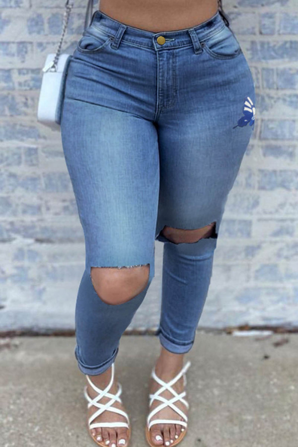 Medium Blue Fashion Casual Butterfly Print Ripped Plus Size Jeans