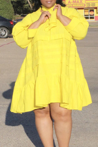 Yellow Casual Solid Patchwork Flounce V Neck Princess Plus Size Dresses