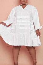 White Casual Solid Patchwork Flounce V Neck Princess Plus Size Dresses