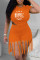 Orange Fashion Casual Letter Print Tassel O Neck Short Sleeve Two Pieces