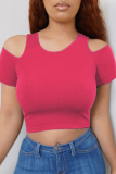 Rose Red Casual Solid Patchwork O Neck T-Shirts