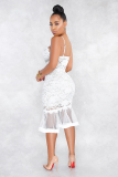 White Sexy Embroidery Bandage Hollowed Out See-through Spaghetti Strap Slim Dresses