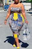 Blue Yellow Fashion Sexy Plus Size Print Backless Slit Spaghetti Strap Sleeveless Dress