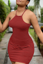 Red Sexy Striped Split Joint Spaghetti Strap Pencil Skirt Dresses