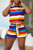 Colour Casual Striped Print Bandage Patchwork O Neck Short Sleeve Two Pieces