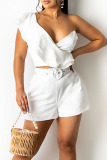 White Casual Solid Patchwork Flounce V Neck Two Pieces