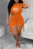 Orange Fashion Casual Letter Print Tassel O Neck Short Sleeve Two Pieces