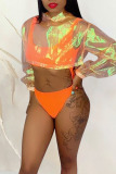 Tangerine Sexy Solid Hollowed Out Patchwork Swimwears Two Pieces