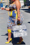 Blue Yellow Fashion Sexy Plus Size Print Backless Slit Spaghetti Strap Sleeveless Dress
