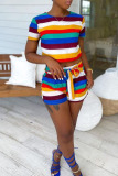 Colour Casual Striped Print Bandage Patchwork O Neck Short Sleeve Two Pieces