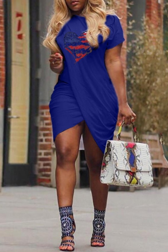 Blue Casual Print Patchwork O Neck Irregular Dress Dresses