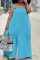 Light Blue Casual Solid Split Joint Spaghetti Strap Plus Size Jumpsuits