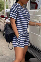 Black Casual Striped Print Patchwork O Neck Short Sleeve Two Pieces
