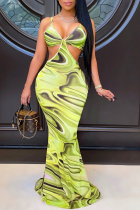 Green Sexy Print Hollowed Out Spaghetti Strap Trumpet Mermaid Dresses