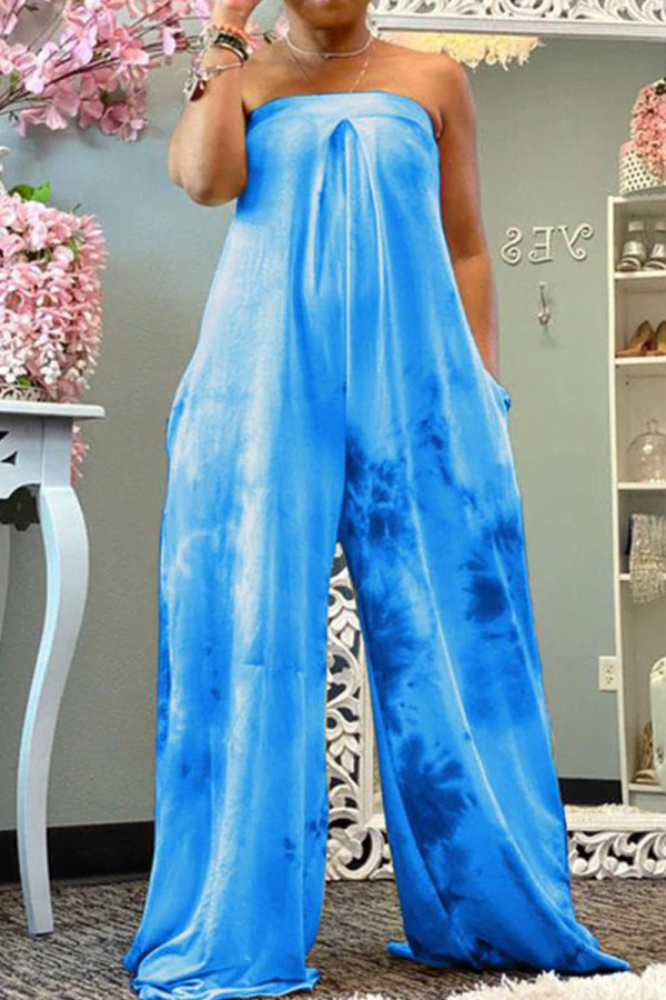 Blue Casual Print Split Joint Strapless Loose Jumpsuits