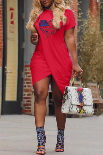 Red Casual Print Patchwork O Neck Irregular Dress Dresses