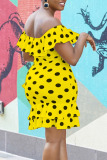 Yellow Sweet Print Polka Dot Patchwork Flounce Off the Shoulder A Line Dresses