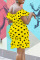 Yellow Sweet Print Polka Dot Split Joint Flounce Off the Shoulder A Line Dresses
