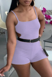 Purple Fashion Sexy Solid Backless Without Belt Spaghetti Strap Skinny Romper