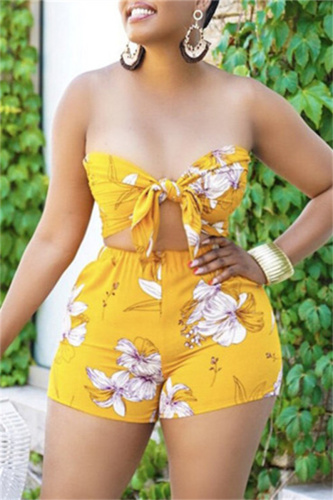 Yellow Fashion Sexy Print Bandage Backless Strapless Sleeveless Two Pieces
