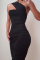 Black Sexy Solid Fold One Shoulder Pencil Skirt Dresses
