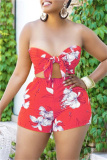 Rose Red Fashion Sexy Print Bandage Backless Strapless Sleeveless Two Pieces