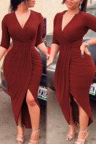 Purplish Red Sexy Solid Split Joint Fold Asymmetrical V Neck Irregular Dress Dresses