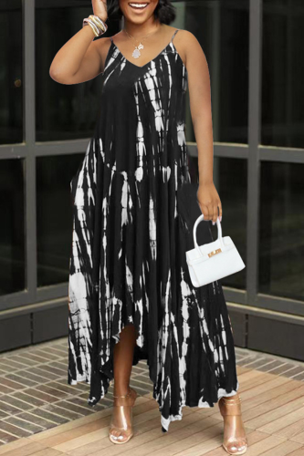 Black Sexy Print Patchwork Spaghetti Strap Irregular Dress Dresses