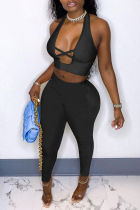 Black Fashion Sexy Solid Hollowed Out Backless Halter Sleeveless Two Pieces