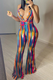 Green Sexy Casual Striped Print Backless Strap Design V Neck Regular Jumpsuits