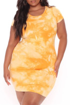 Yellow Fashion Casual Plus Size Print Basic O Neck Short Sleeve Dress