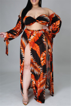 Orange Fashion Sexy Print Bandage Backless Slit Strapless Long Sleeve Three-piece Set