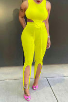 Fluorescent Yellow Fashion Casual Solid Slit Asymmetrical O Neck Sleeveless Two Pieces